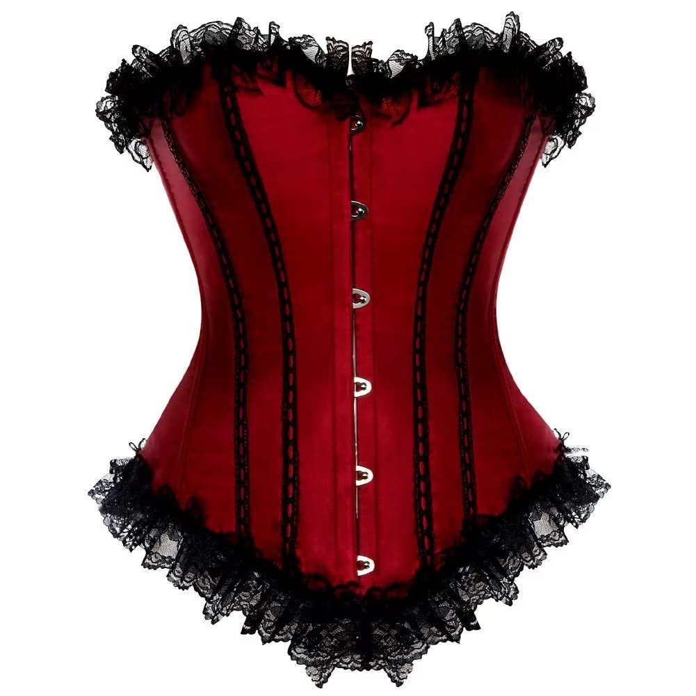 jutrisujo Basques and Corsets for Women Sexy lace Overbust Corset top Victorian Burlesque Costume Halloween Redwine L