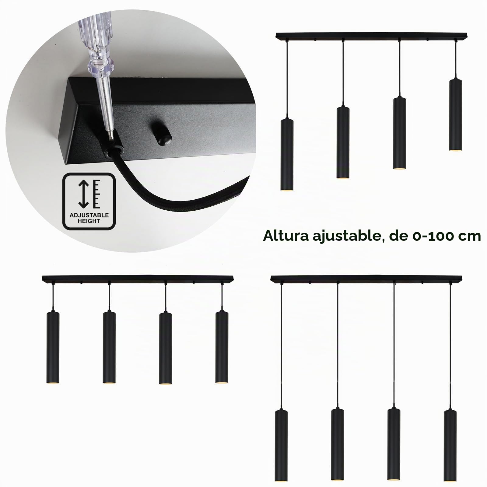 Alpinaluz Lámpara Colgante Lineal Negra de 4 Luces con Tubos de Aluminio de 30 cm y Cable Textil Ajustable, Estilo Moderno y Minimalista para Cocina o Comedor, Portalámparas GU10, Barra de 100 cm
