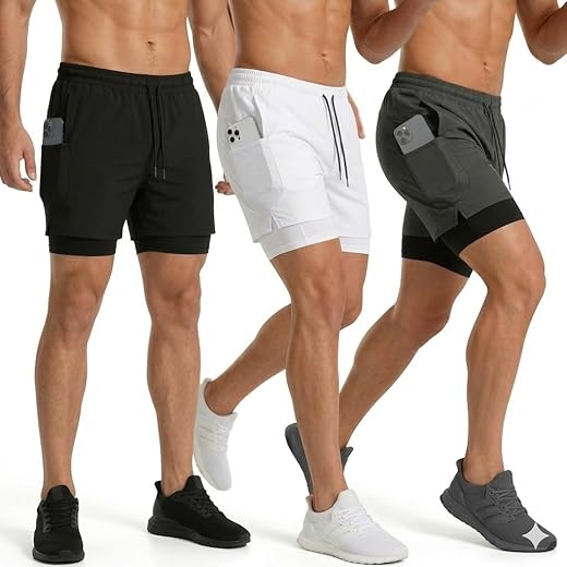 Kit 3 Shorts 2 em 1 Masculino DryFit – Não Assa, Não Marca e Tem Bolso Seguro | Ideal para Academia, Corrida e Treino (Dry Fit Respirável)