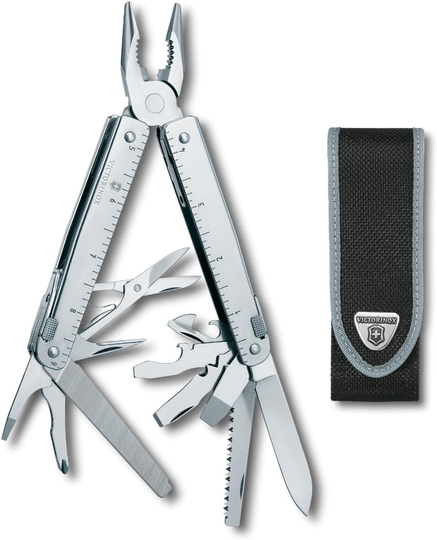 Swiss Tool Swiss Army Knife, 24 Function Swiss Made Multi-Tool with Needle-Nose Pliers, Wire Cutters and Large Blade - Silver