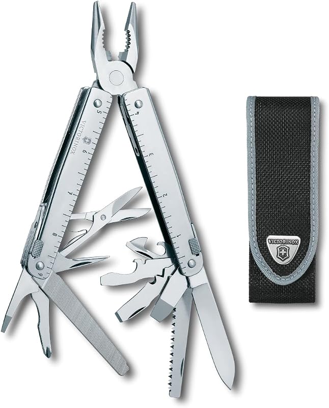 Swiss Tool X navaja suiza de 26 funciones y bolsa de nailon, plateada | La multiherramienta incluye pelacables, sierra para metal, sierra para madera, abridor de botellas, construcción de acero y bolsa de nailon.