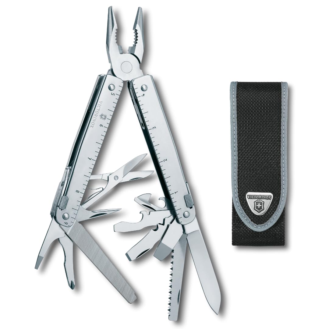 Swiss Tool Swiss Army Knife, 24 Function Swiss Made Multi-Tool with Needle-Nose Pliers, Wire Cutters and Large Blade - Silver