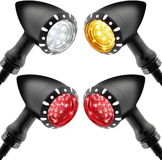 Motorcycle Bullet LED Turn Signal Kit – Front White/Amber & Rear Red/Brake/Amber Lights, Zinc Alloy Housing, M10 Universal Fit for Cruiser Bobber Chopper Custom Bikes (Black-Front+Rear)