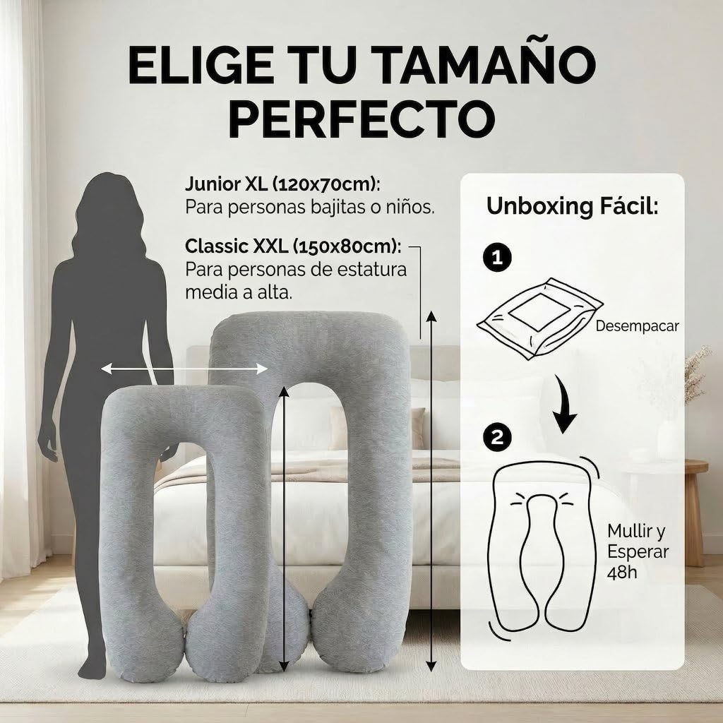 SMOOTHY® Almohada Embarazo en U 120x70 cm - Funda Algodón Lavable | Relleno de fibra de silicona que recupera su forma - sin cremallera que se rompa - ideal para dormir de lado y lactar