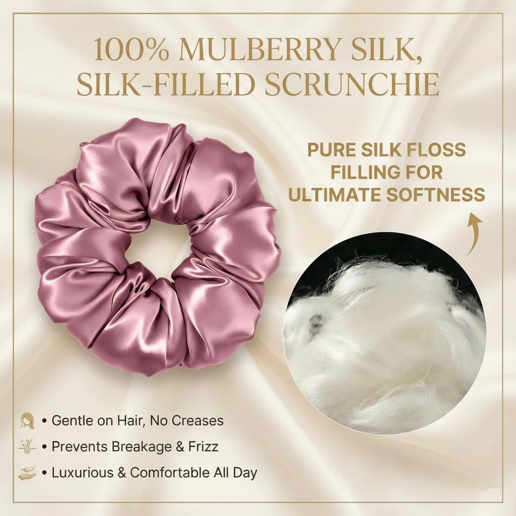 Silmer 22 Momme Silk Pillow Scrunchie Air, Oversized Lightweight Mulberry Silk Hair Tie with High Elasticity, Soft Padded No Crease Ponytail & Sleep Holder (Dusty Rose, 1Pc)