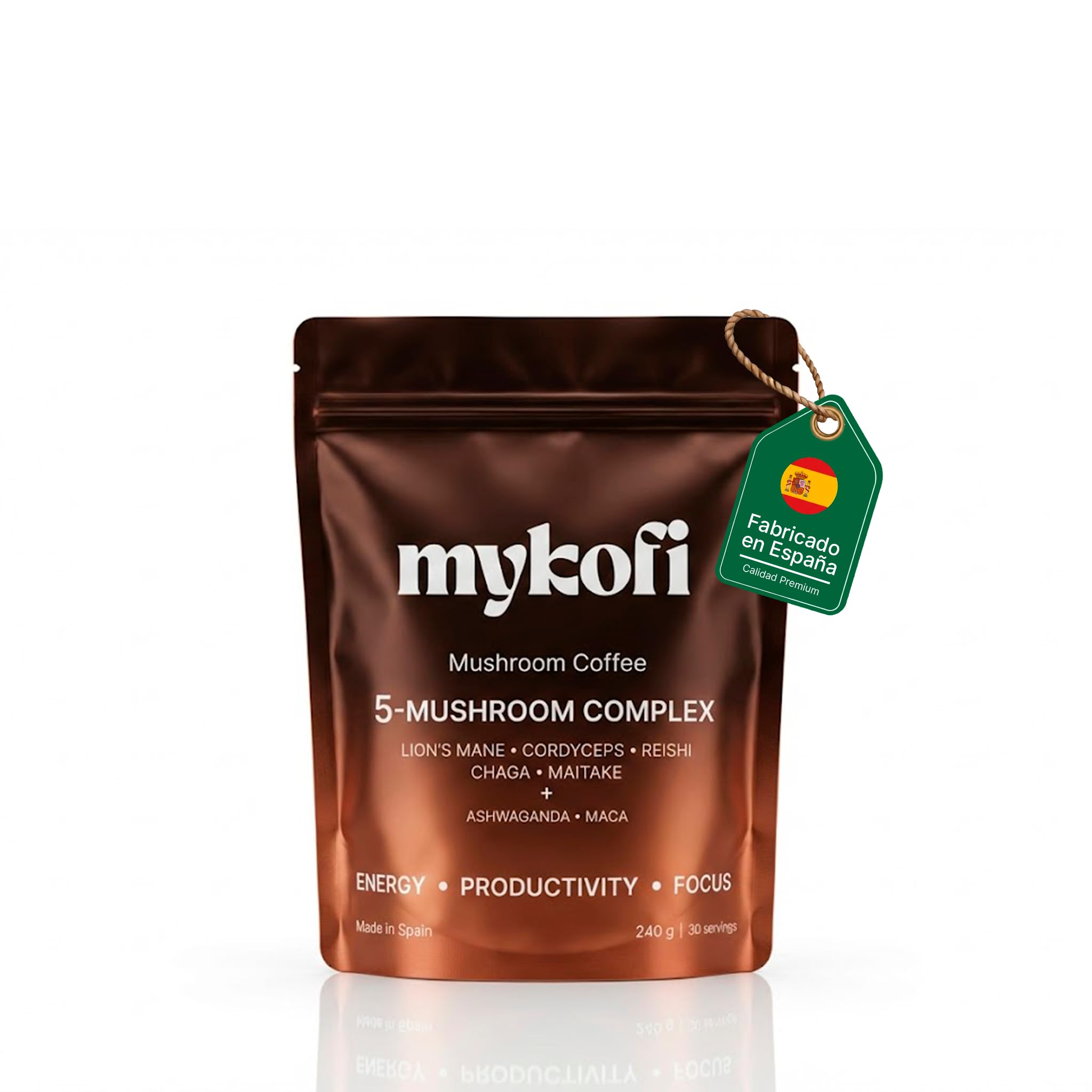 MYKOFI Café con Hongos Funcionales - Café Soluble con Melena de León, Cordyceps, Chaga, Reishi, Maitake, Maca y Ashwagandha - Energía Natural y Enfoque