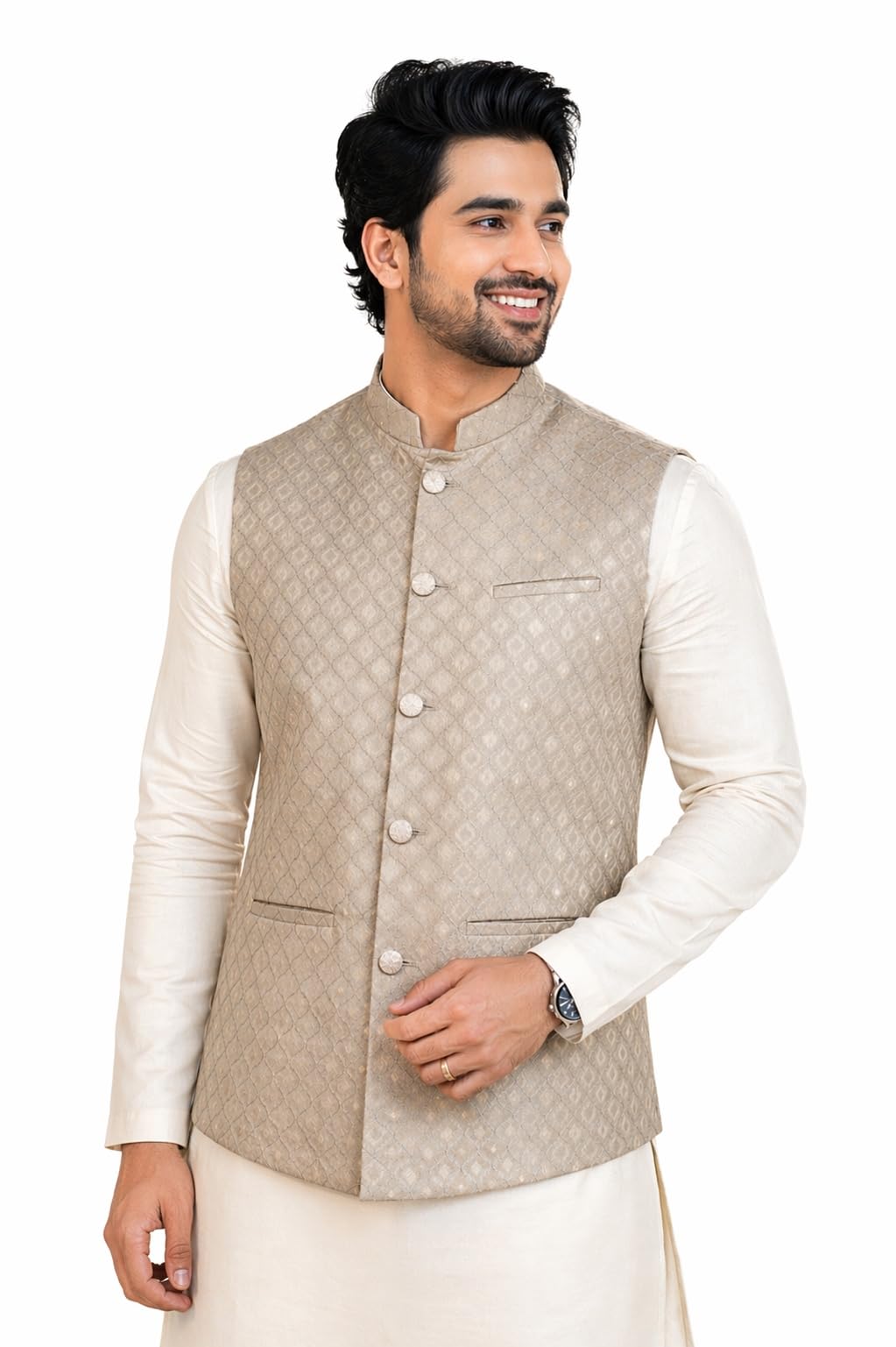 amazon brand - tavasya Men’s Taupe Woven Textured Festive Jacquard Nehru Jacket (HOPMJ623_XXL)-picture-20