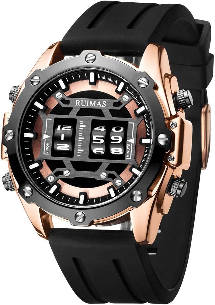 Men's Watches Quartz Military Watch Waterproof Business Rose Gold Round Dial with Black Silicone Strap for Men, Strap.