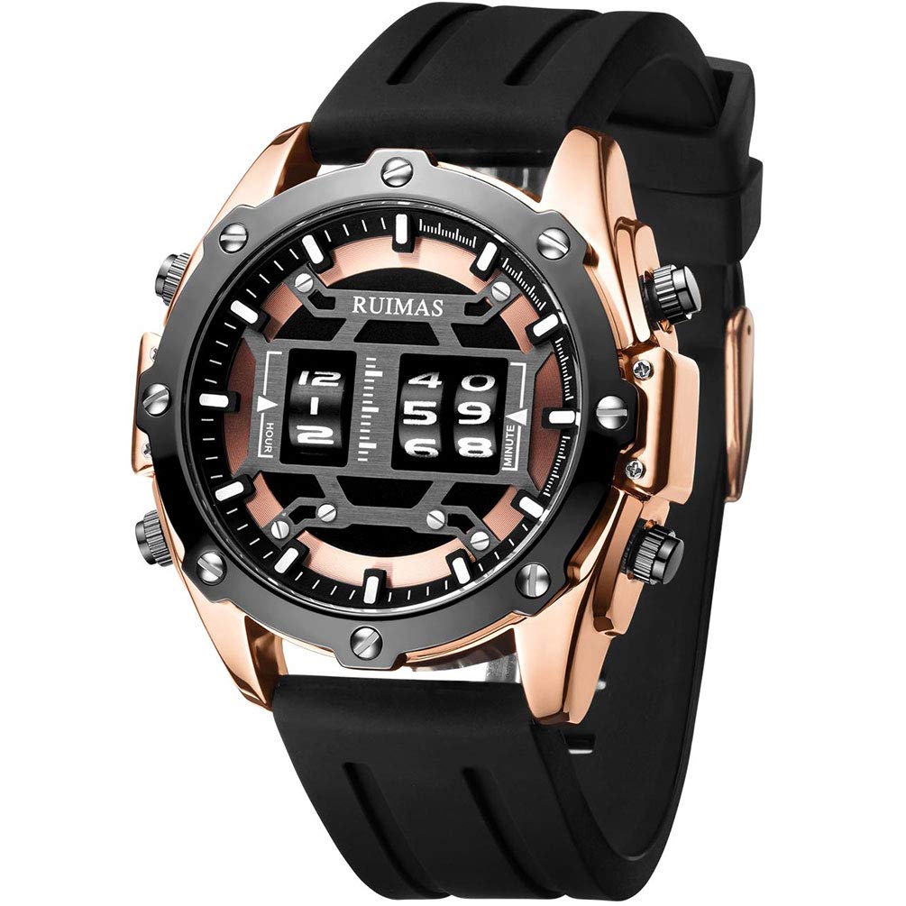 Men's Watches Quartz Military Watch Waterproof Business Rose Gold Round Dial with Black Silicone Strap for Men, Strap.