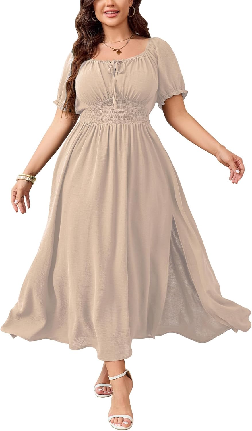 Women's Plus Size Maxi Dress Short Sleeve Smocked Square Neck Tie Front Split A-Line Flowy Long Dresses