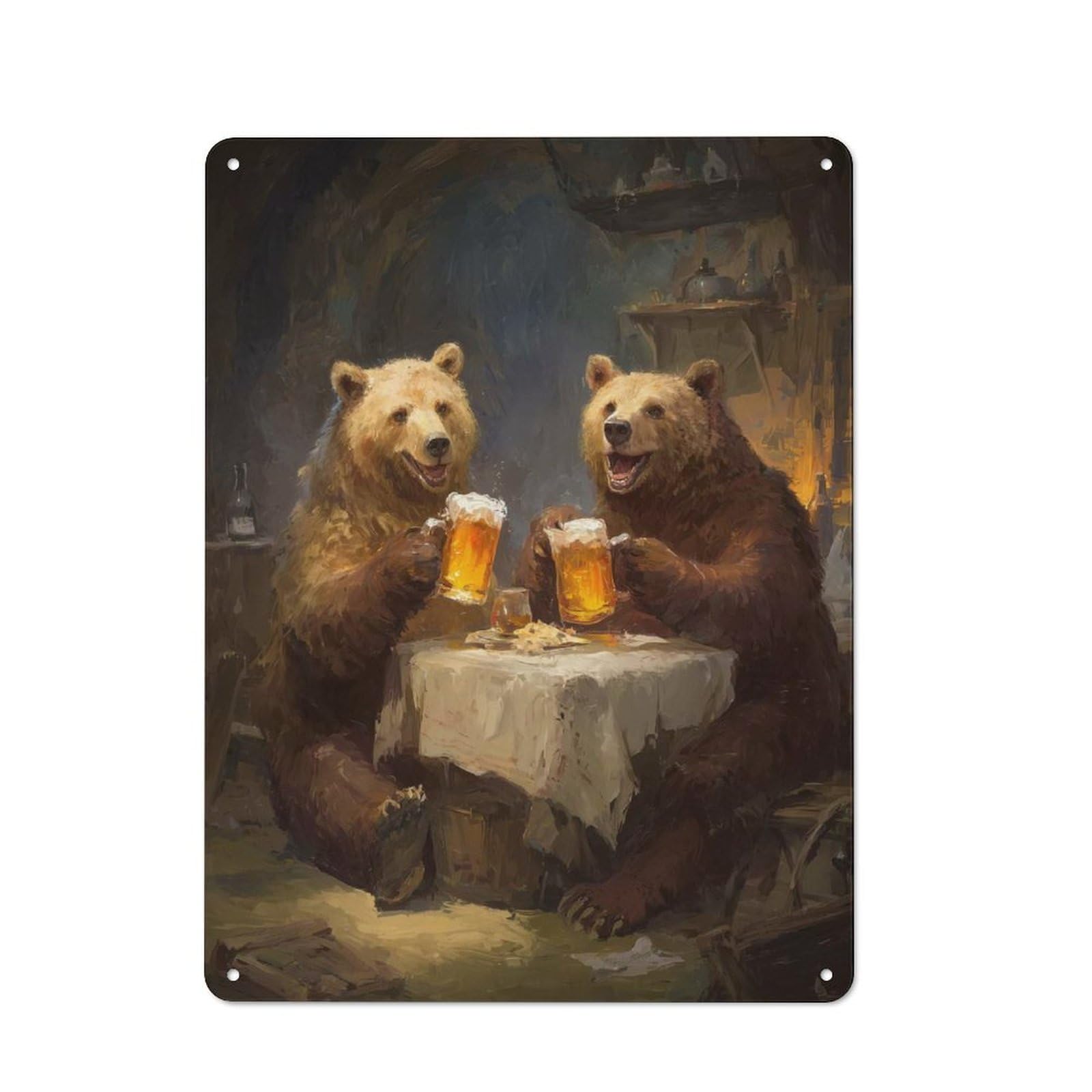 Junmoney Style-5 For Garage Or Workshop, Bears Drinking Beer At A Table Rustic Metal Plaque 40X30cm, Suited To Wall Displays In Garages And Tool Rooms