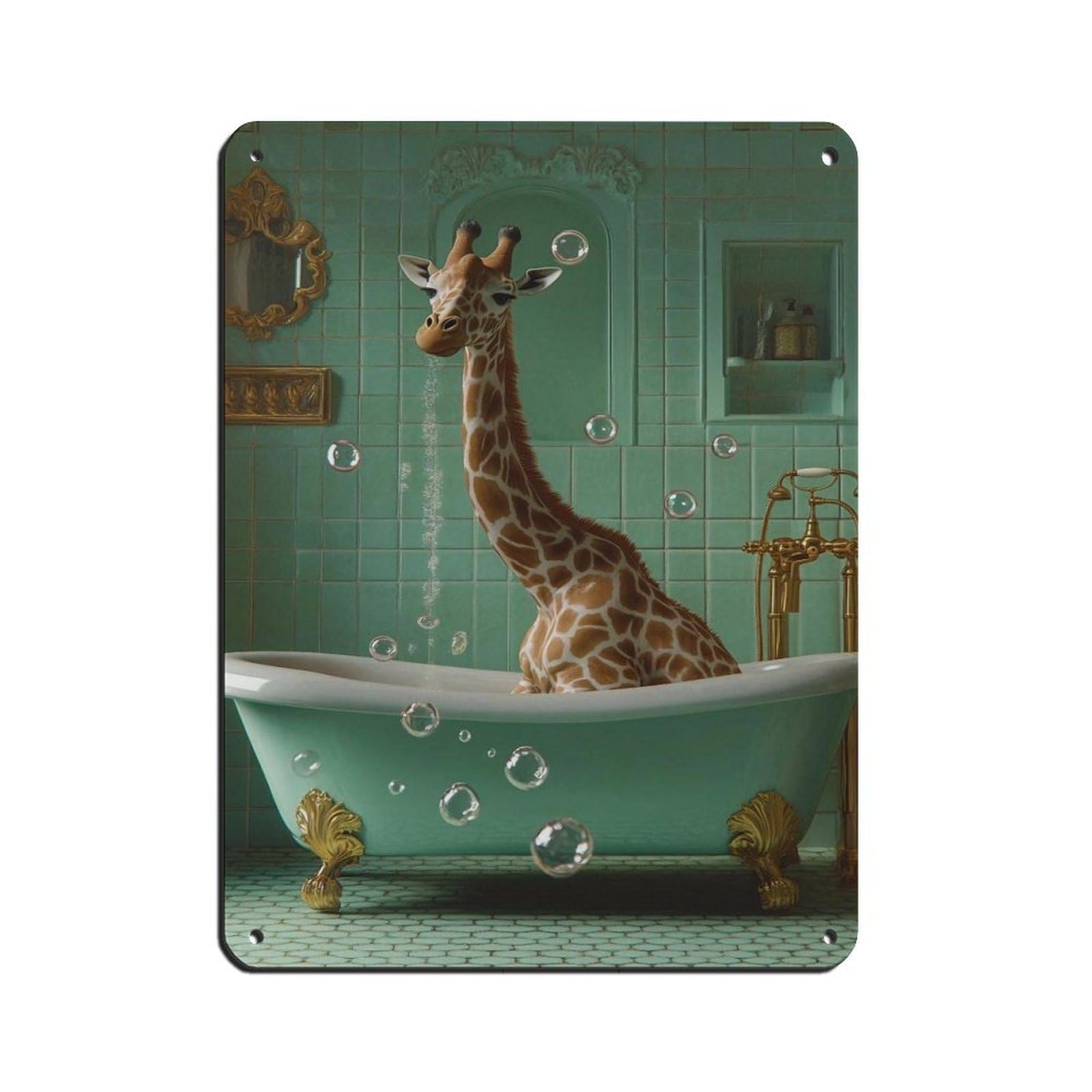 Giraffe in Bathtub Quirky,Fun Animal Retro Poster Metal Tin Sign Chic Art Retro Iron Painting Bar People Cave Cafe Family Garage Poster Wall Decoration 12x16inch(30x40cm)