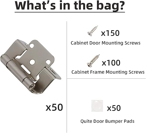 Miniatura 5 de Decobasics Paquete de 50 bisagras de gabinete de níquel cepillado superpuestas de 12 pulgada para puertas de gabinete (25 pares)  Bisagras de marco