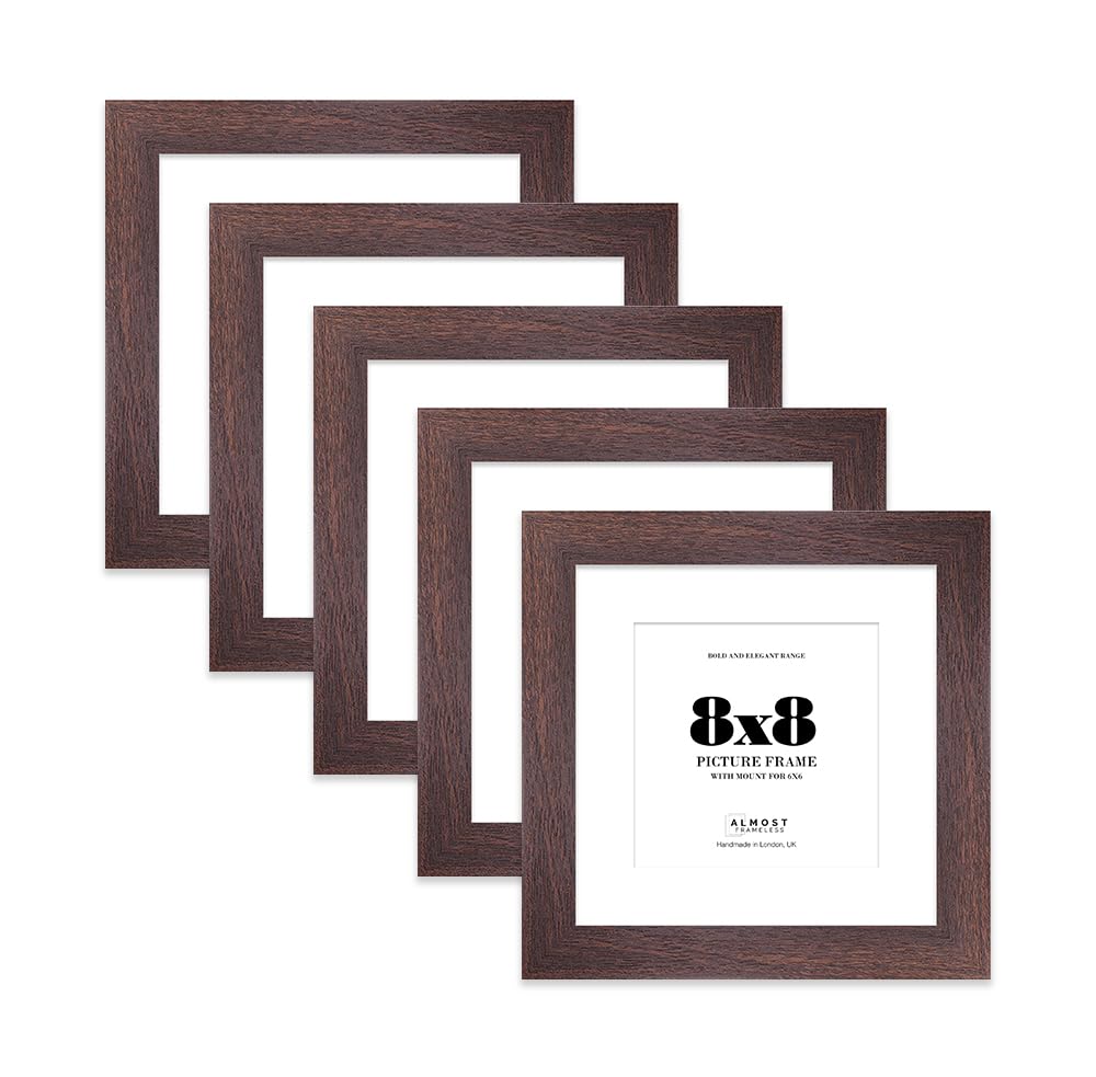 8x8" Walnut Square Frame With Mount for 6x6" Pictures 28mm Edge Frame Display with Wall Hooks and Kickstand, 5 Pack