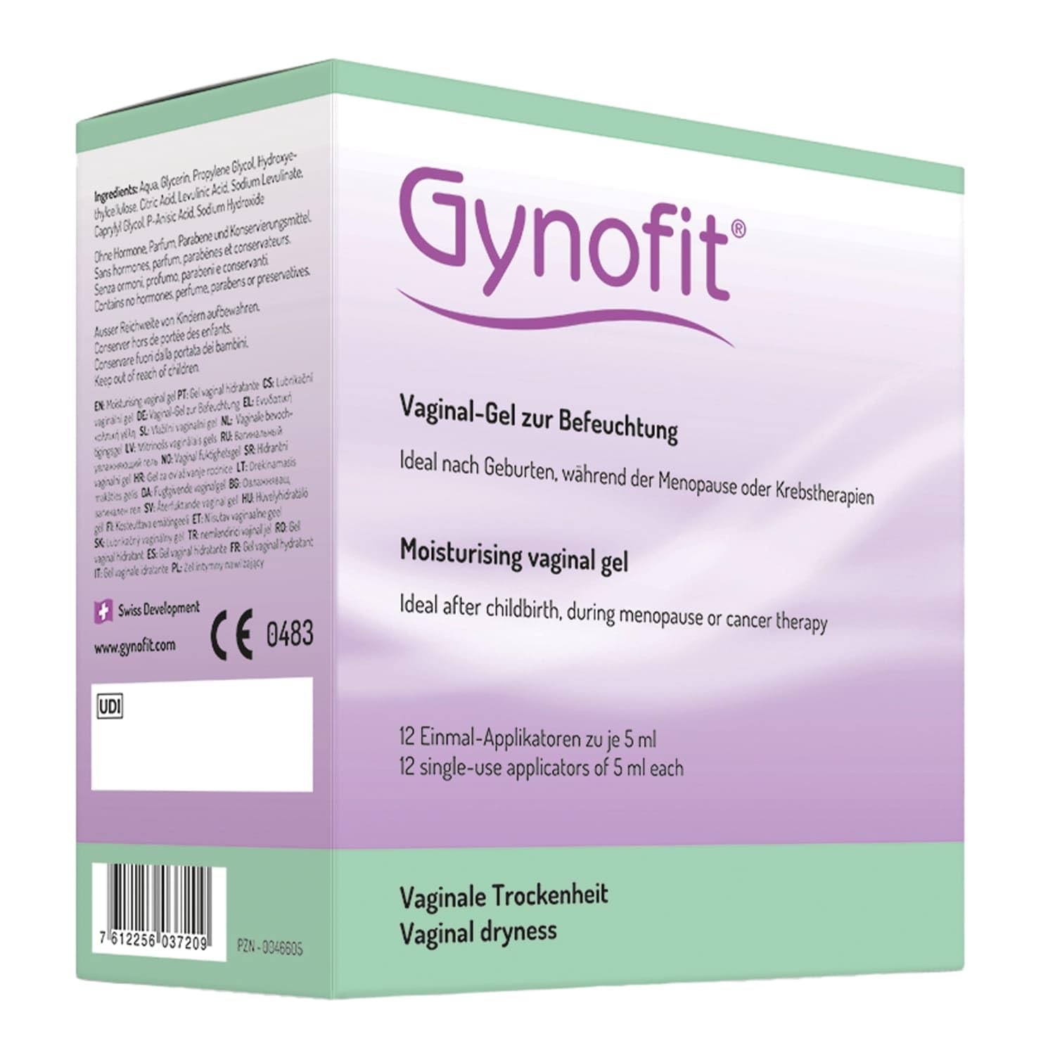 Gel vaginal hidratante Gynofit - Alivia la sequedad vaginal - Mejora la flora vaginal para mayor facilidad y comodidad - Aplicador higiénico - Gel vaginal sin hormonas ni perfume (12 unidades)