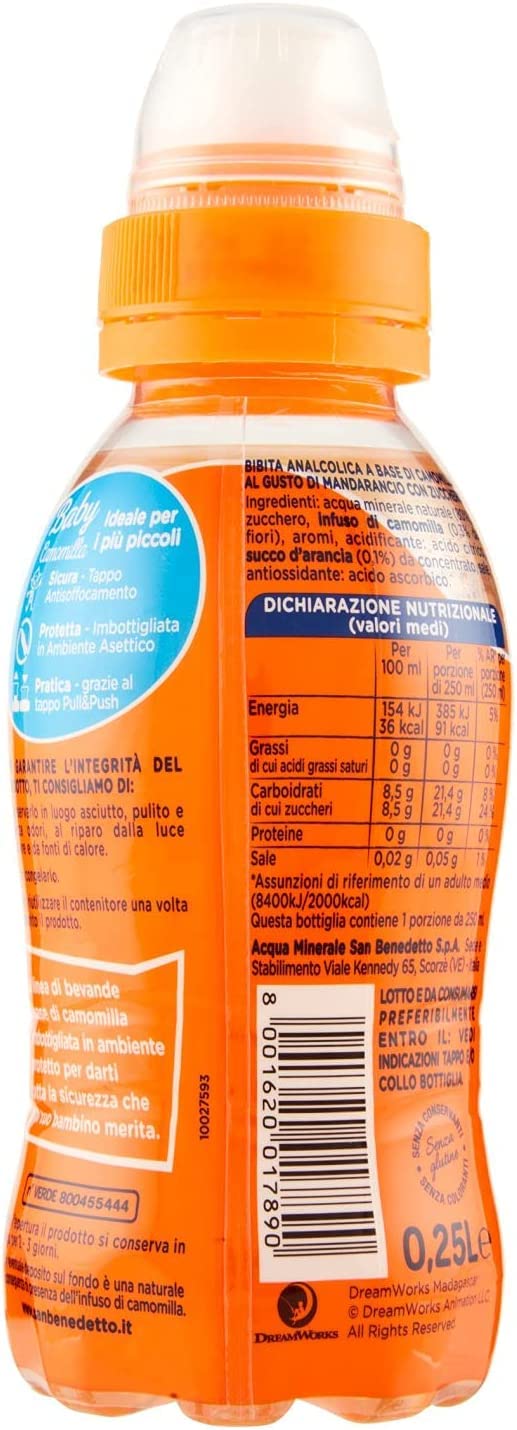 24x San Benedetto Baby Camomilla Mandarancio,Kamille mit Mandarine Geschmack,Kohlensäurefreies Getränk in Natürlichem Mineralwasser Pull-Push, 25cl + Italian Gourmet Polpa di Pomodoro 400g Dose