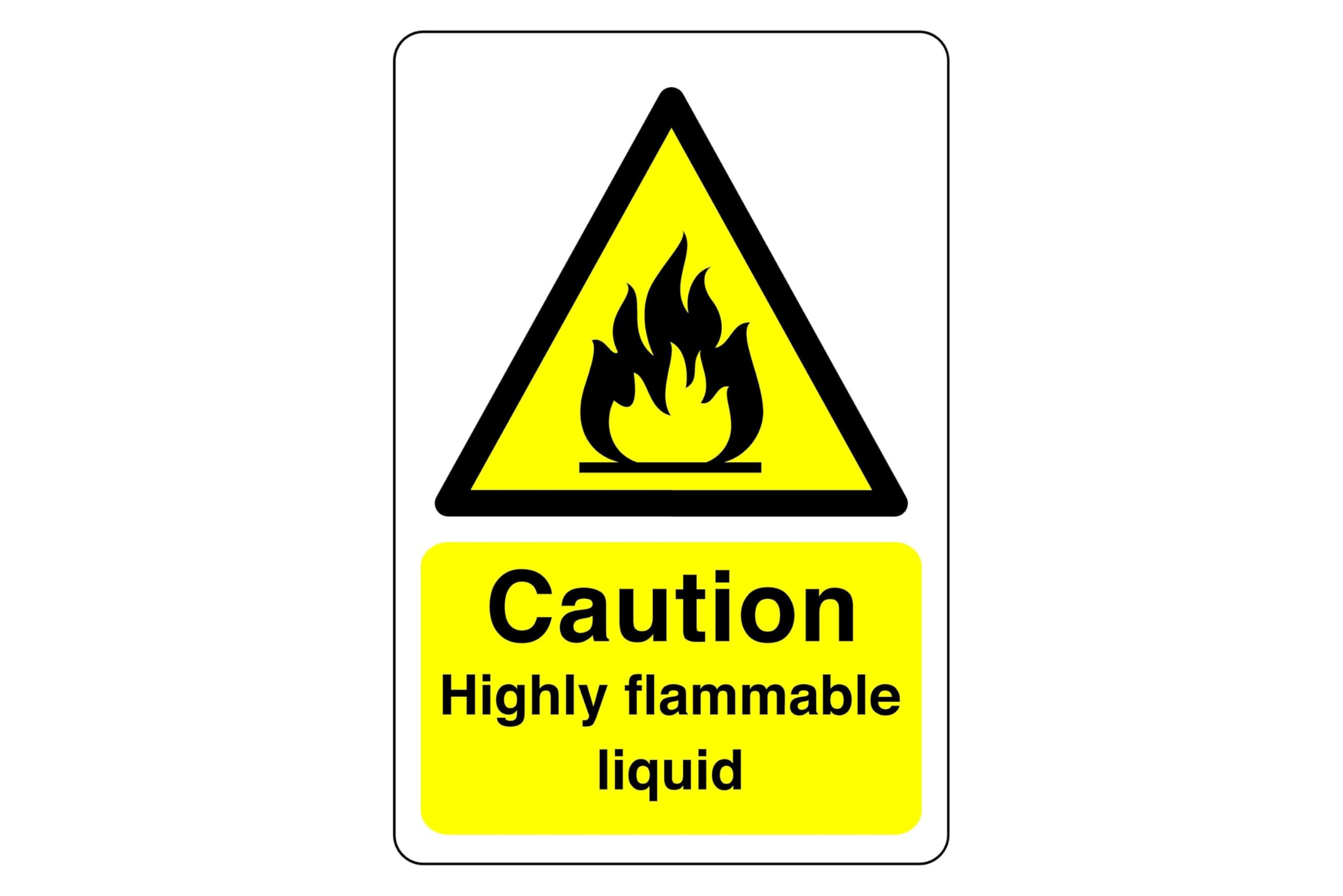 Safety First Display Ltd Yellow/Black Caution Highly Flammable Liquid Sign - High Tack Self-Adhesive Sticker (150Mm X 100Mm) Viewing Distance Within 3M.