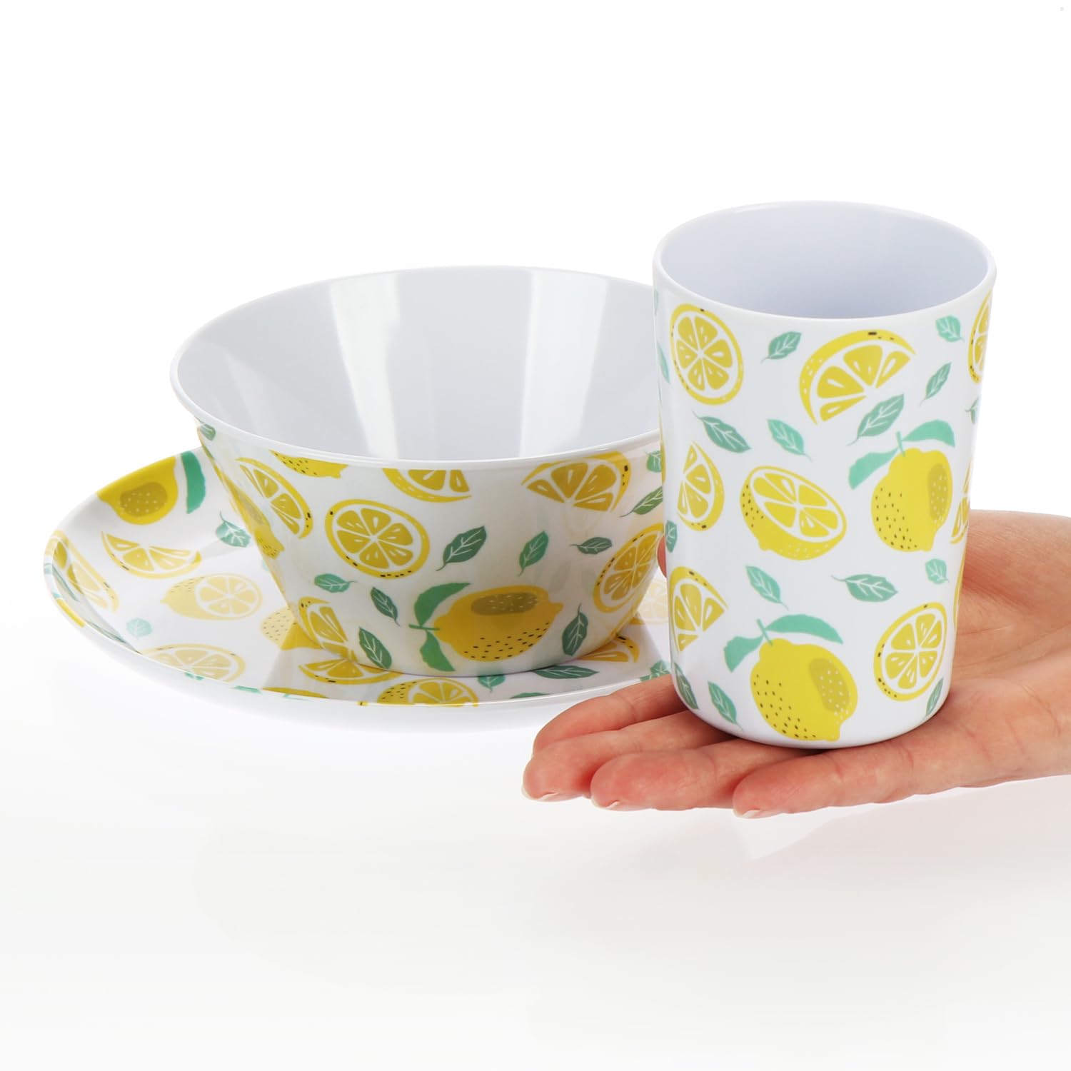 com-four® vajilla 24 Piezas, melamina Reutilizable, Platos, Cuencos, Vasos, diseño Veraniego (Juego de 24 Piezas - Limones)