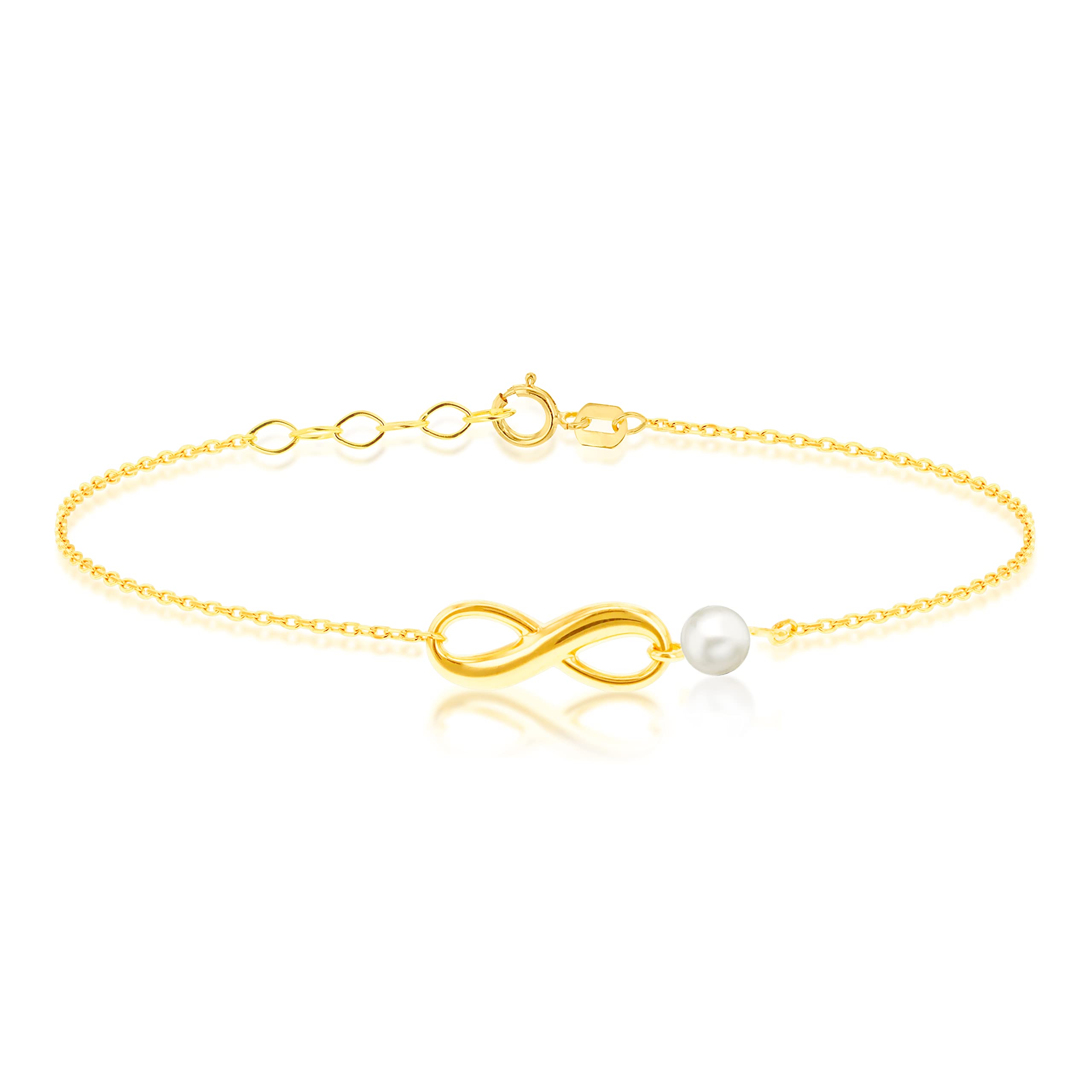 CARISSIMA Damen-Armband aus 9 Karat Gelbgold, Unendlichkeitssymbol mit Perlen, 17 cm – 19 cm