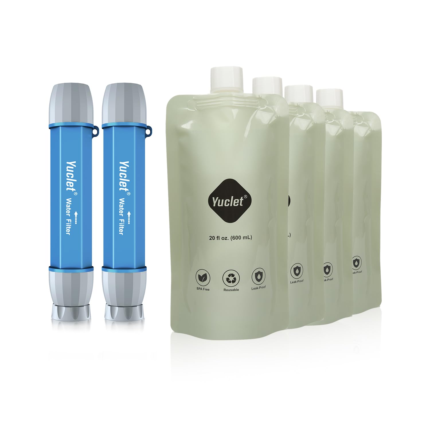Squeeze Water Filtration System for Hiking, Camping, Travel, and Emergency Preparedness (2 Water Filter Straw, 4 Squeezable 20-Oz Water Pouch)