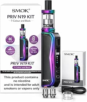 PRIV N19 Vaping Kit, Sleek, Compact, Powerful, Wide Range Wattage, Long Lasting, Works With Nord Coils, 2mL, E Cig, E Cigarettes, SMOK Vaping, Starter Kit, No Nicotine (Rainbow Black)