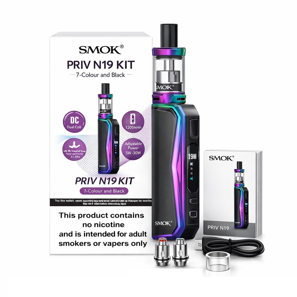 PRIV N19 Vaping Kit, Sleek, Compact, Powerful, Wide Range Wattage, Long Lasting, Works With Nord Coils, 2mL, E Cig, E Cigarettes, SMOK Vaping, Starter Kit, No Nicotine (Rainbow Black)