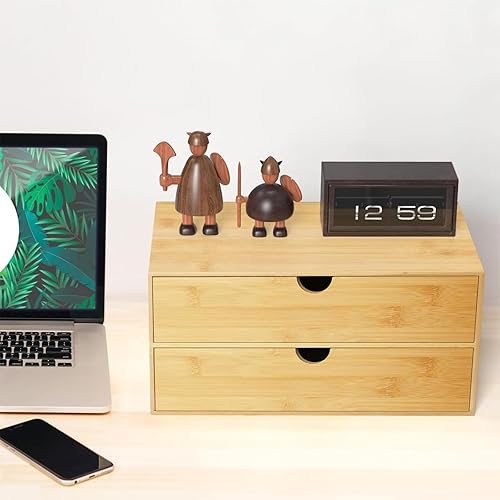 Miniatura 2 de Neando Organizador de escritorio de bambú con 2 cajones, organizador de cajones de encimera de madera, caja de organización de almacenamiento de