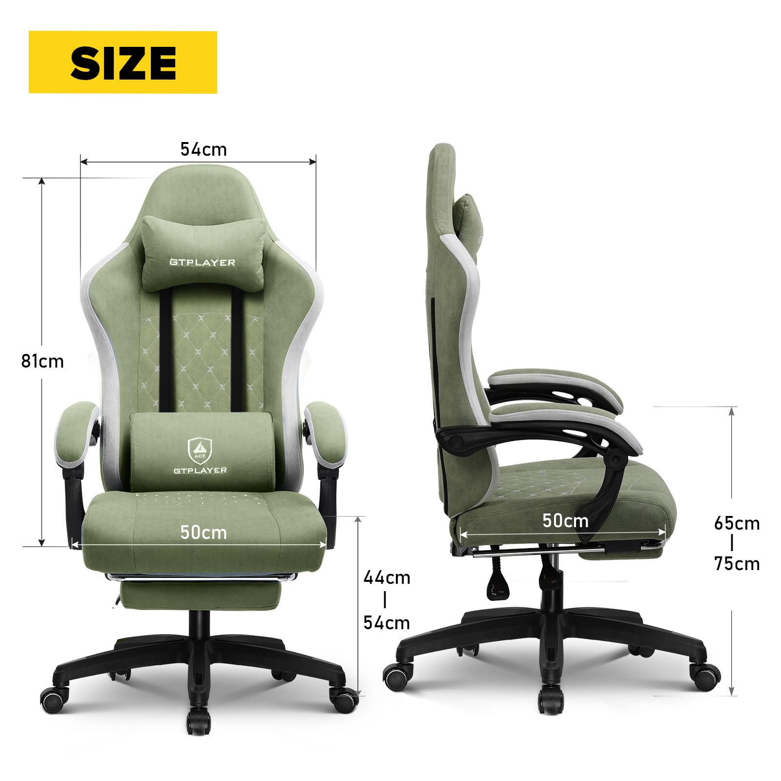 GTPLAYER Sedia da gaming, ergonomica, da scrivania, con superficie in tessuto, cuscino a molla, braccioli di collegamento e poggiapiedi, Verde