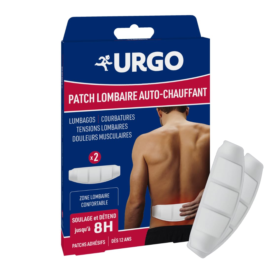 Urgo - Patch auto-​chauffant lombaires x2 unités - Soulage les douleurs du dos de type contractions musculaires jusqu'à 8h- Améliore l'oxygénation des muscles et élimine les toxines - Doux et agréable