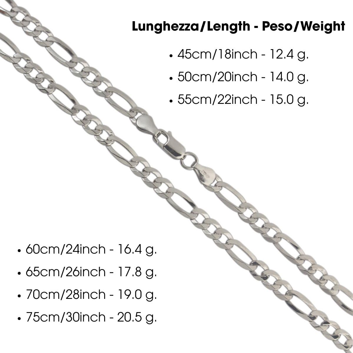 AKA Gioielli - Cadena Figaro 5.3 mm Plata De Ley Esterlina 925 Rodio - Collar Hombre Mujer Longitud: 45 50 55 60 65 70 75 cm