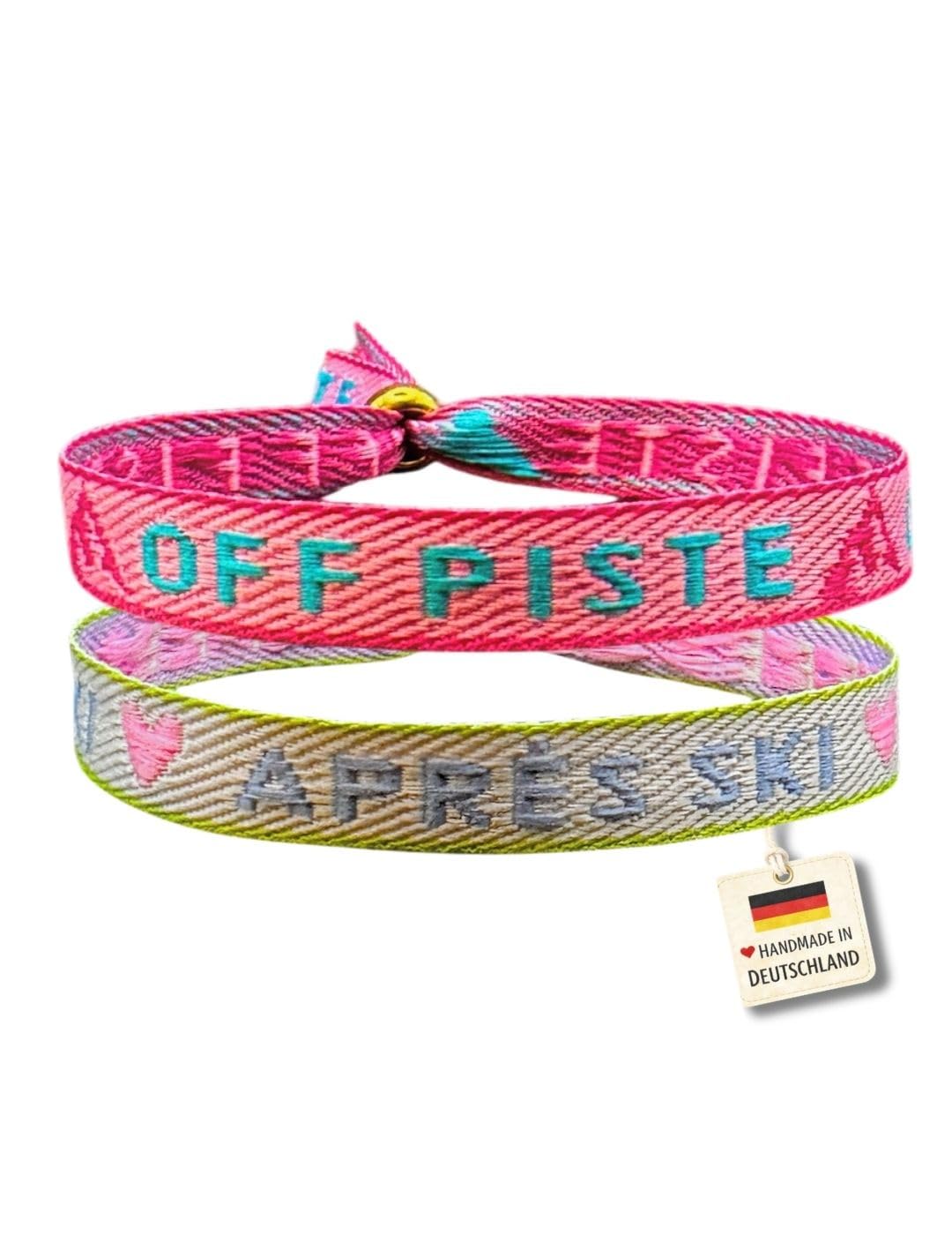 happymaker - Skifahrer Geschenk, Stoffarmbänder mit Statement - Apré Ski + Off Piste - für Frauen, wasserfest und handmade in Deutschland