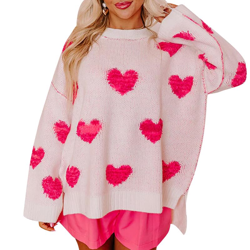 Image of Women Heart Print Knit Pullover Sweater Long Sleeve Round Neck Love Pattern Sweaters Trendy Valentine Knitted Sweater