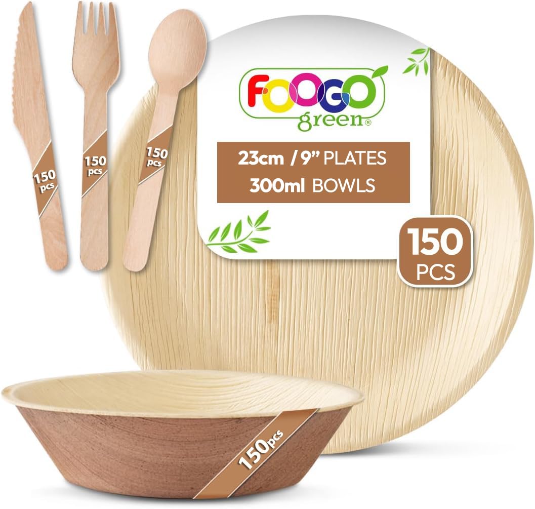 FOOGO Green 750pcs Disposable Palm Leaf Plates, Bowls and Wooden Cutlery Set, FSC® Certified, 150x Large Round Plates, 150x Bowls, 150x Forks, 150x Knives, 150xSpoons, Strong Eco Friendly