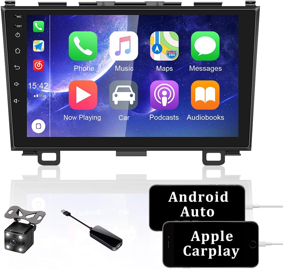 CarPlay Car Stereo for Honda CRV 2008 2009 2010 2011, Double Din 2.5D IPS Touch Screen Android 9.1 Car Radio with GPS/WiFi/Bluetooth/FM/Mirror Link, 9 inch in Dash Head Unit with Backup Camera(1+16G)