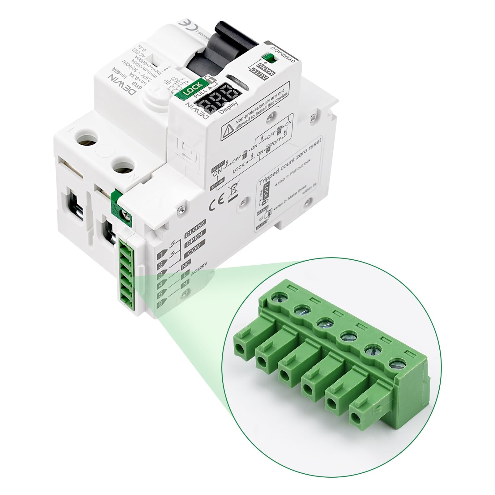 DEWIN Salvavita con Riarmo Automatico 40A,Differenziale Riarmo Automatico 300mA Interruttore Differenziale a Riarmo Automatico Display a LED (300mA TypeA)