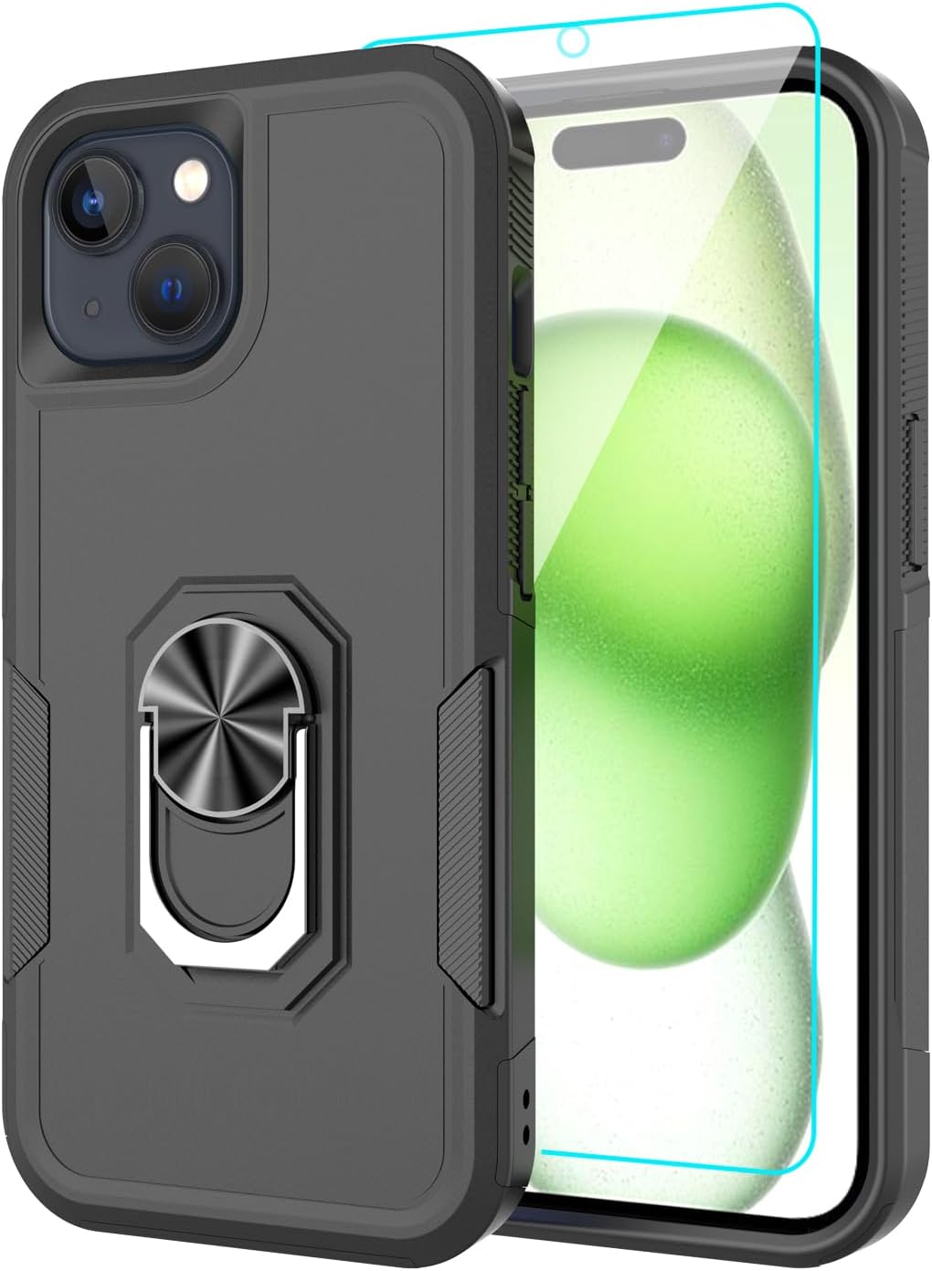 LEXNECCompatible for Apple iPhone 15 Case with Tempered Glass Screen Protector,Heavy-Duty Tough Rugged Phone Case Cover with Ring Holder Kickstand for Apple iPhone 15 (6.1", 2023) [Black]