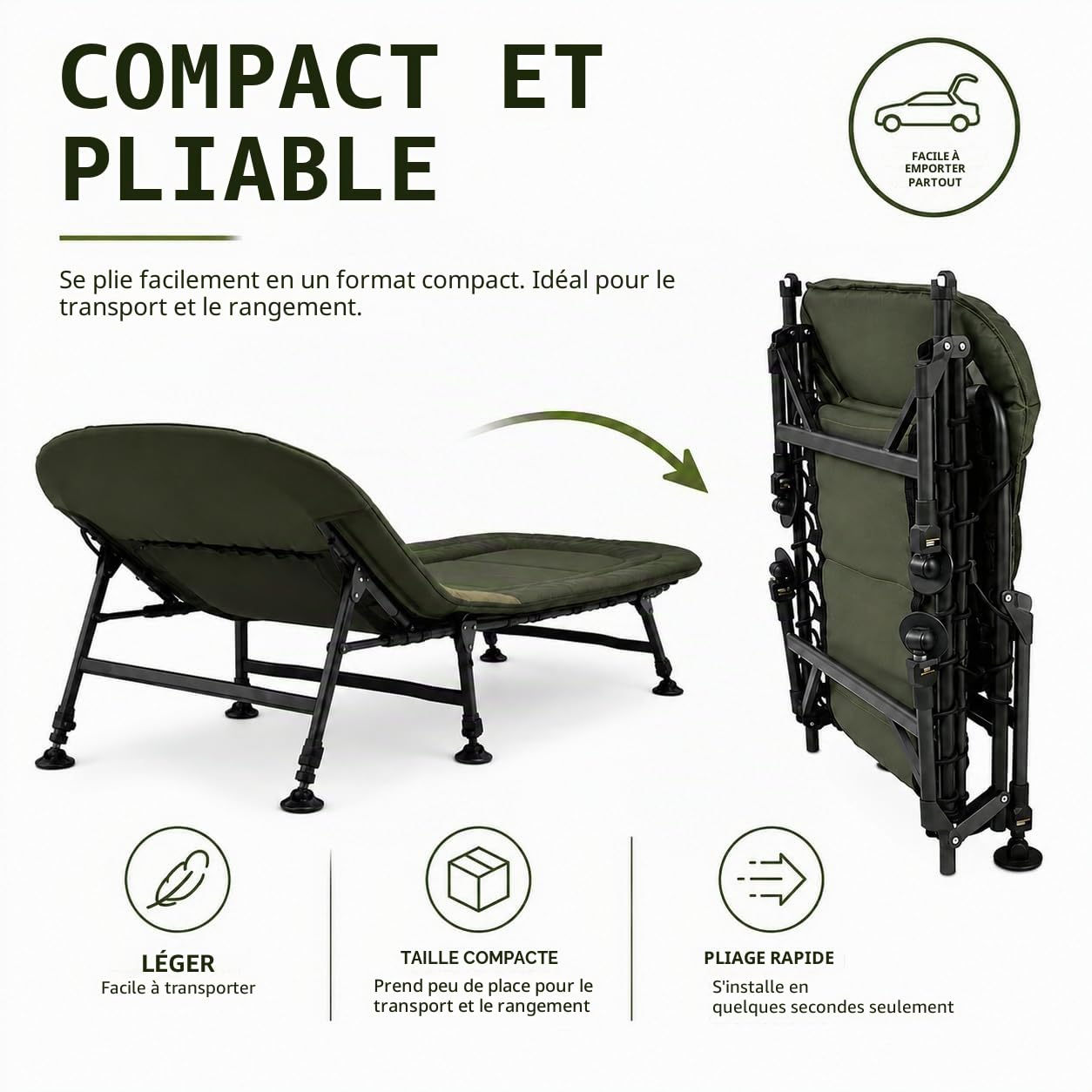 TRAXIS Flat-Bed Camping Bed - Pliable - Lit de Campagne - Lit de Pêche - Ajustable - Civière Carpe - Chaise Longue - Vert