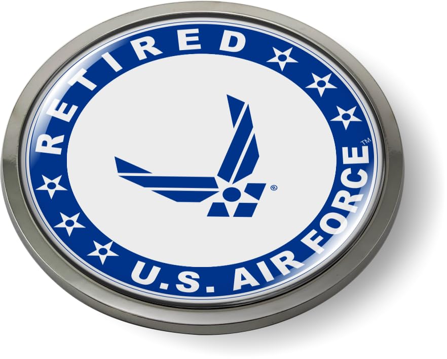 Image of BestLicensePlateFrames - U.S. Air Force Retired Logo with USAF Blue Arnold Wings and Star Symbol 3D Domed CAR Emblem Badge Sticker Chrome Plastic Bezel - Official USAF and USSF Licensed Product