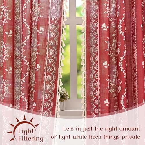 Image of Yinhua Boho Curtains for Living Room 84 Inch Length Vintage Linen Red Curtains for Bedroom Light Filtering Floral Window Curtain Rod Pocket & Back Tabs Farmhouse Rustic Tassel Drapes with Tiebacks