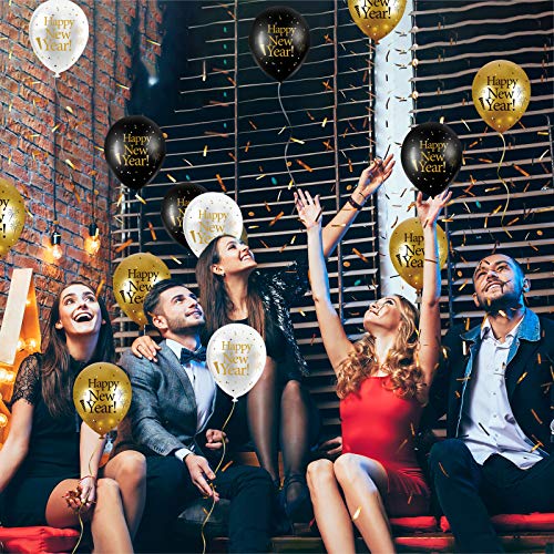 45 Pieces 12 Inch Happy New Year Latex Balloons, White Gold Black New Year Party Latex Balloon with 2 Pieces Black and Gold Ribbon Decorations for 2025 New Year's Eve Party Indoor Outdoor Supplies - Image 5