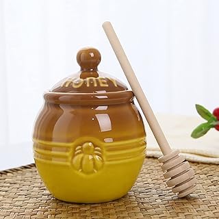 Tarro de Miel de Cerámica con Cucharón - Tarro de Miel Marrón con Soporte, Gran Decoración de Abejas - Decoración de Cocina Rústica