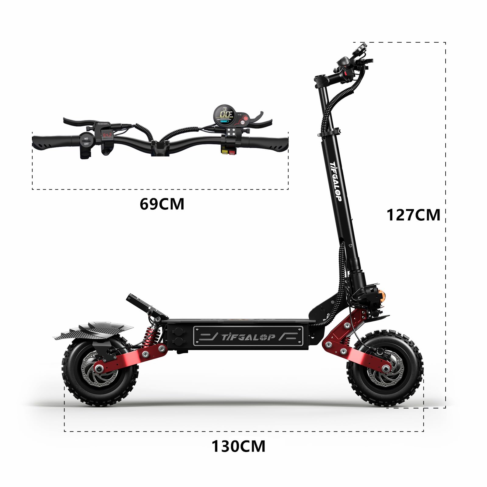 La trottinette électrique CL8 est équipée de deux moteurs, d'une batterie 60 V 33 Ah, de deux amortisseurs, de pneus tout-terrain de 11 pouces et est pliable. Son autonomie est de 80 à 100 kilomètres.