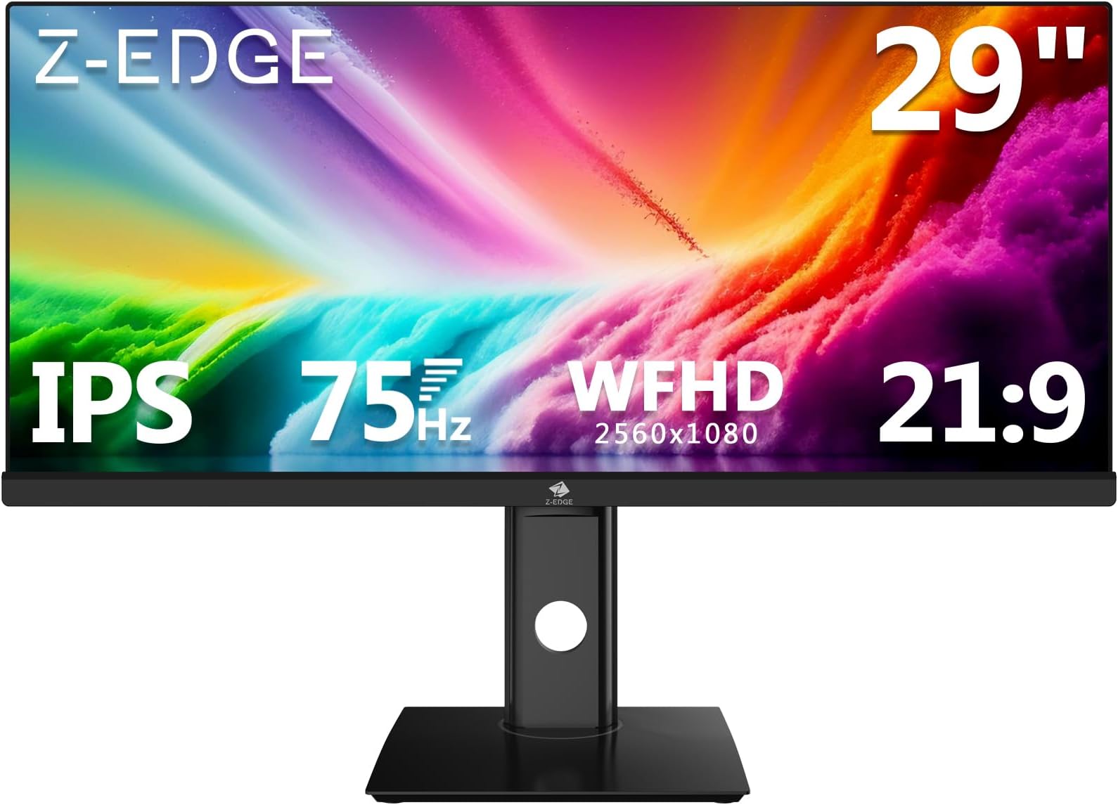 Z-Edge 29 Inch IPS Monitor WFHD 2560x1080, 21:9 Ultrawide 75Hz LED Monitor Home Office, 250 cd/m², FreeSync, Flicker Free, HDR10, Height & Tilt & Swivel Adjustable, HDMI & DisplayPort