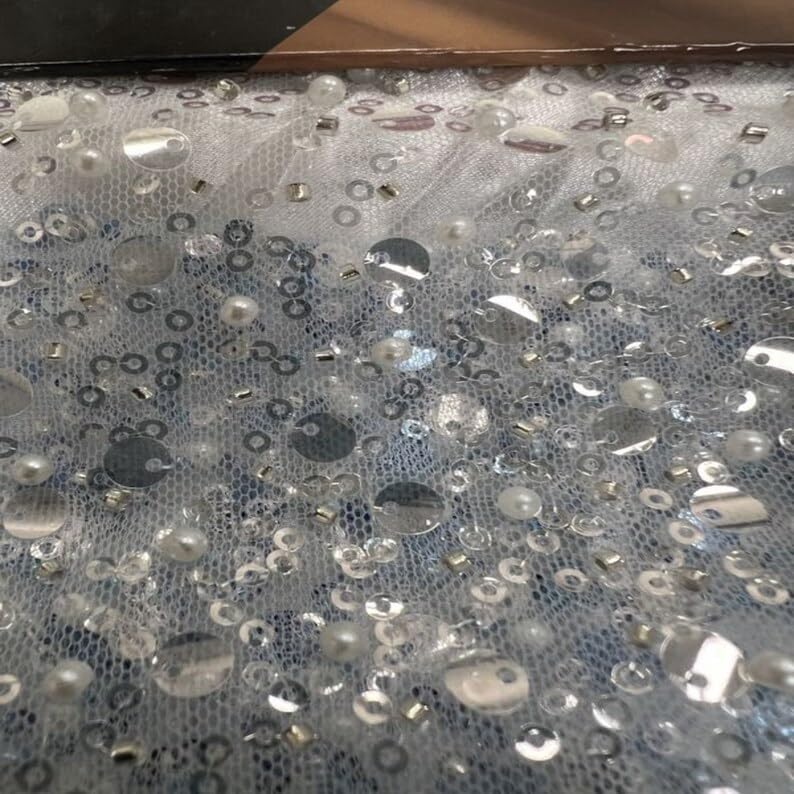 White Soft Tulle Mesh Fabric Heavily Embellished with Sequins, Beads & Pearls. lace Netting Material Ideal for Sewing, Dresses, Bridal Gowns, Veils,