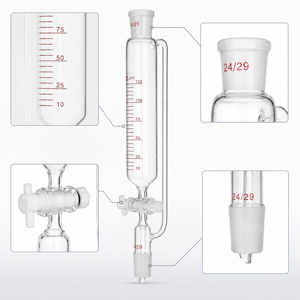 Embudo Goteo Graduado Igualación Presión Válvula PTFE Lab-2000mL 24/29#