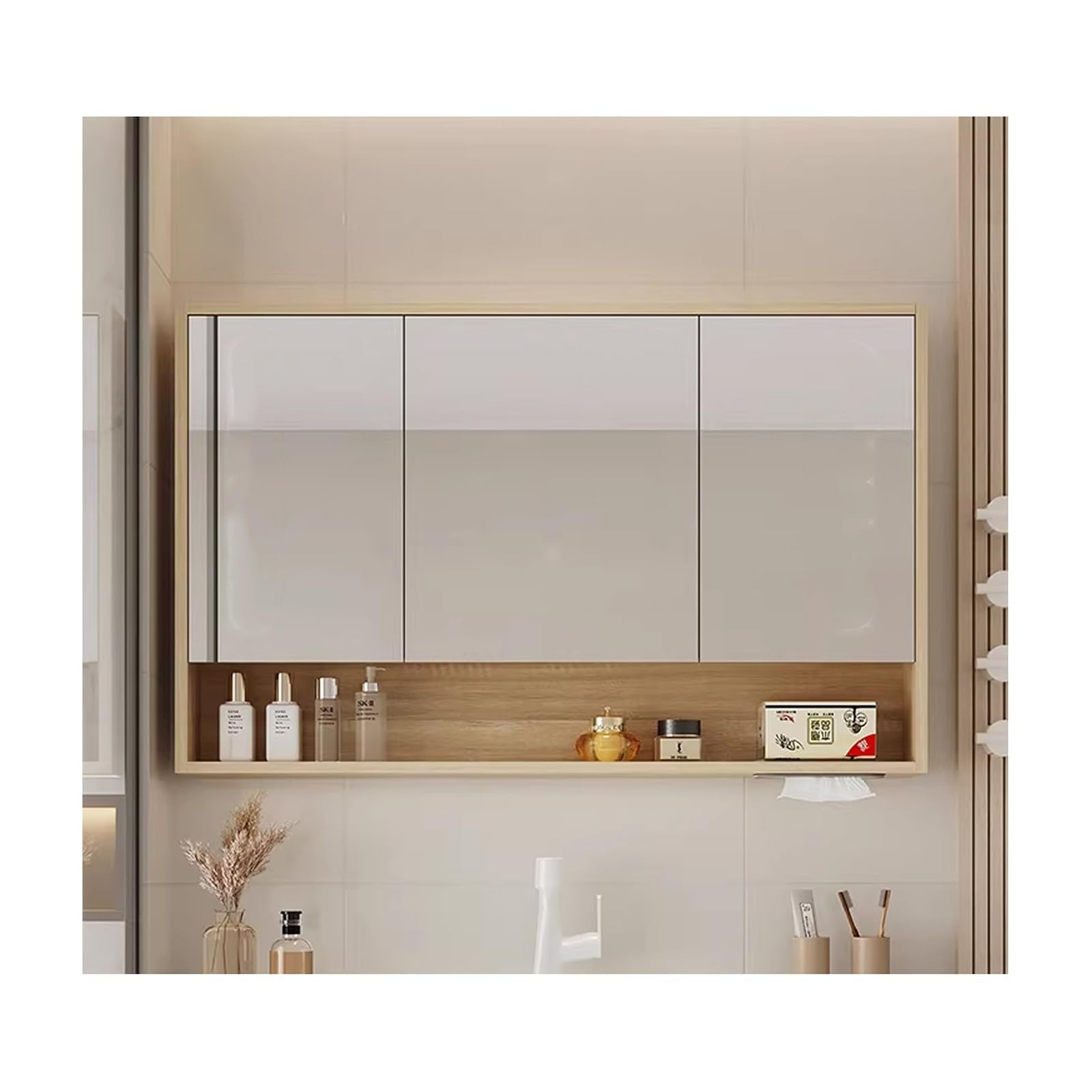 BKSXSOP Wall Mounted Bathroom Mirror Cabinet - Double Door Vanity Storage with Shelf, 90cm/35.4in Wood Mirrored Cabinets for nized Space