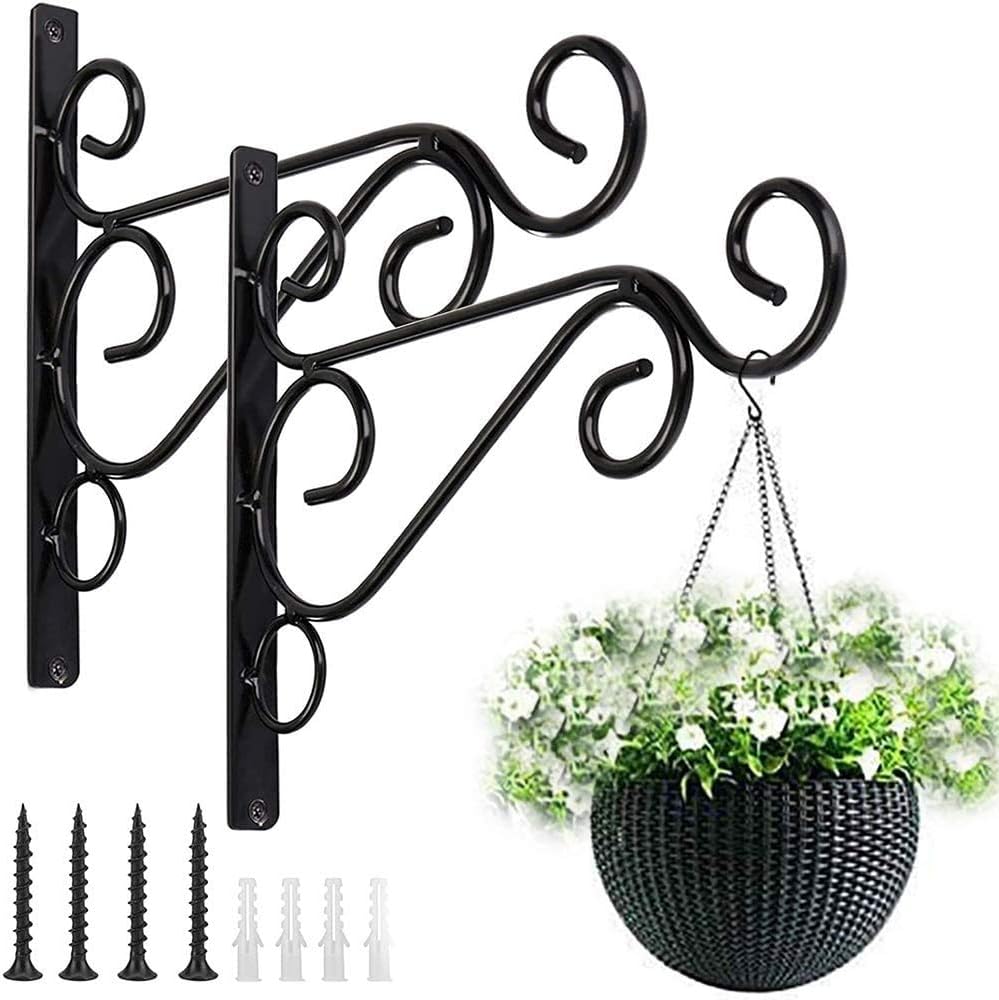 Hanging Basket Hooks Metal Wrought Iron Plant Wall Mount Brackets Hanger Holder Hanging Planters Heavy Duty 10 Inches Indoor Outdoor Garden Fence Lantern Wind Chimes Bird Feeders With Screws(2PACK)
