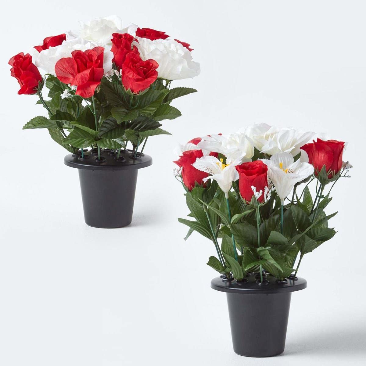 Homescapes Red And White Set Of 2 Artificial Grave Vases With Red & White Peony & Rose Faux Flowers Grave Flowers In Black Pot, 30 Cm