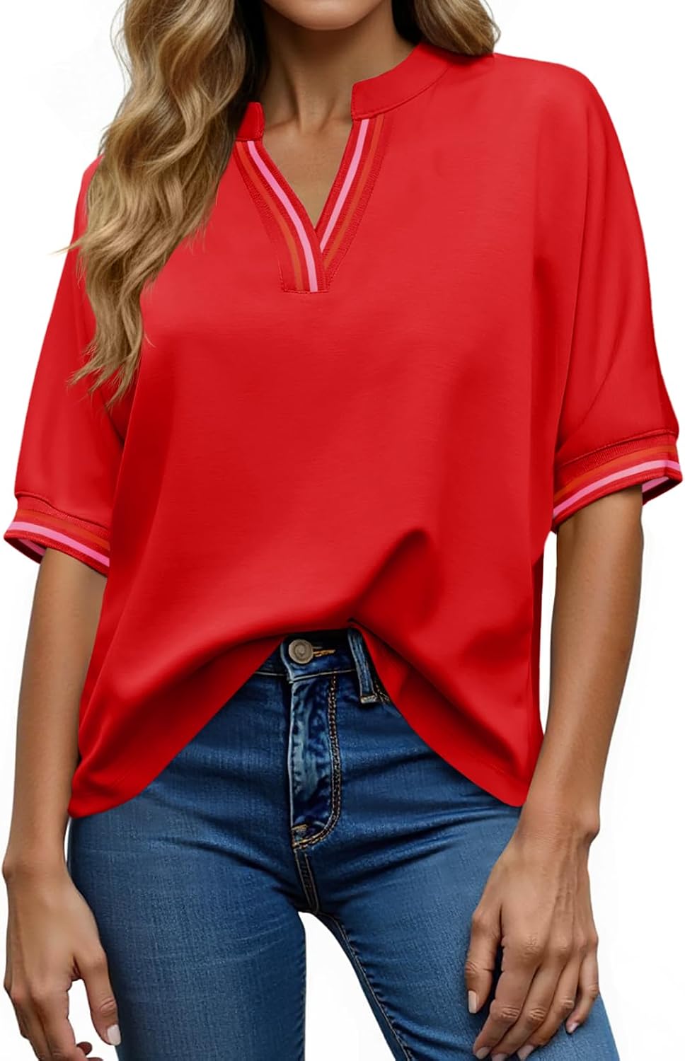 Tankaneo Womens Oversized T Shirt Casual V Neck Half Sleeve Color Block Work Tops Loose Fit Tunic Tees