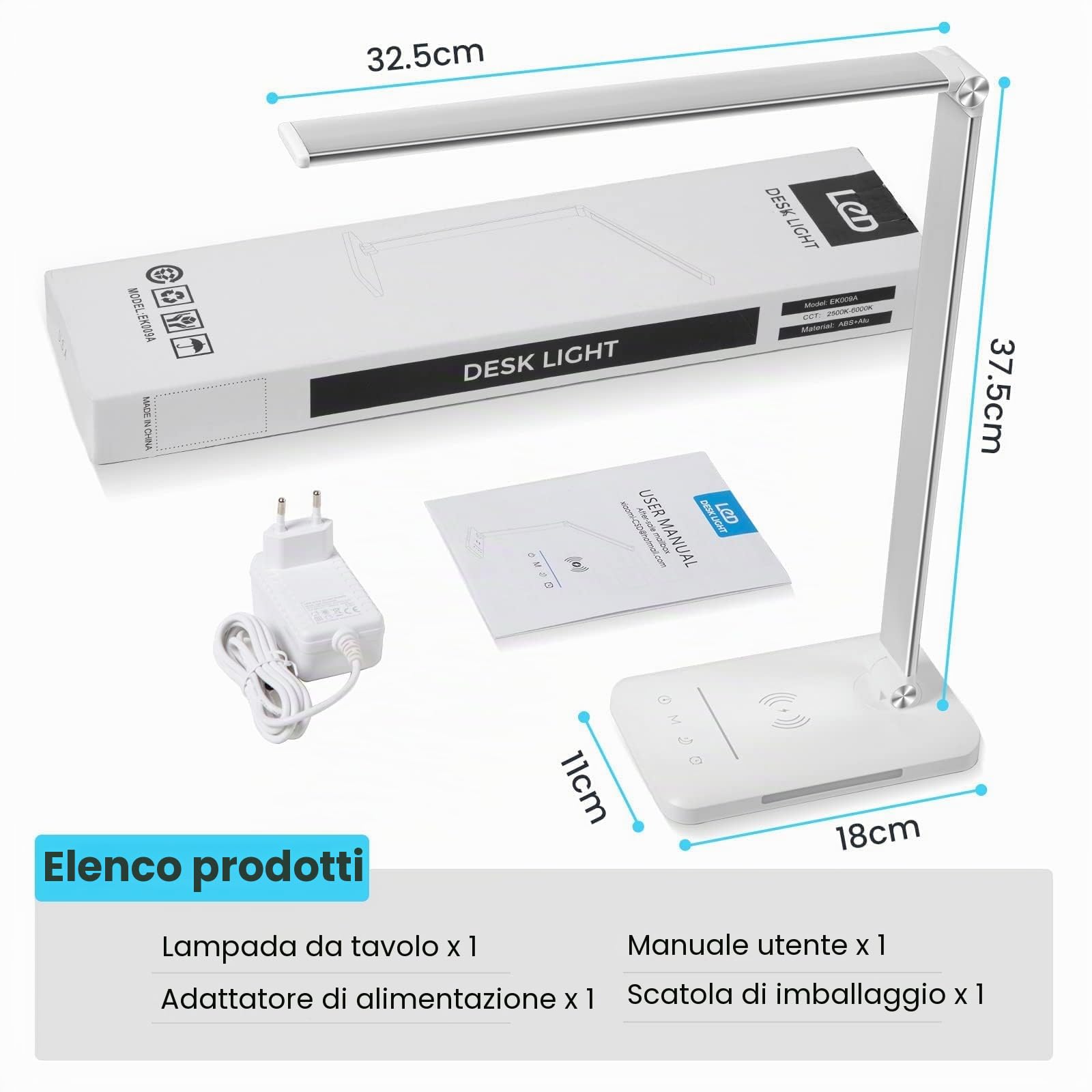 BIENSER Lampada da Scrivania LED con Ricarica Wireless 10W, Funzione di Ricarica USB, 600LM Lampada da Tavolo con 10 Livelli di Luminosità × 5 Colori, Luce Notturna, Memoria, Timer Auto, 6000K, 24W